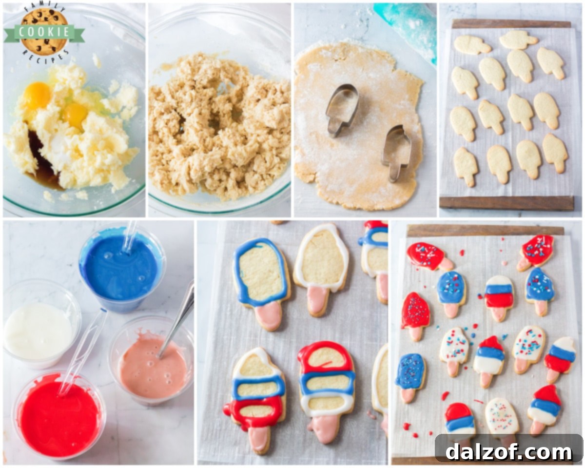 A step-by-step collage showing how to make popsicle shaped sugar cookies from dough to decorated finished product.