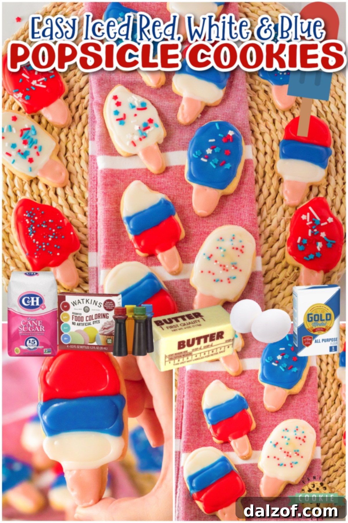 Festive Red, White, and Blue Popsicle Sugar Cookies, perfect for a summer holiday or party.