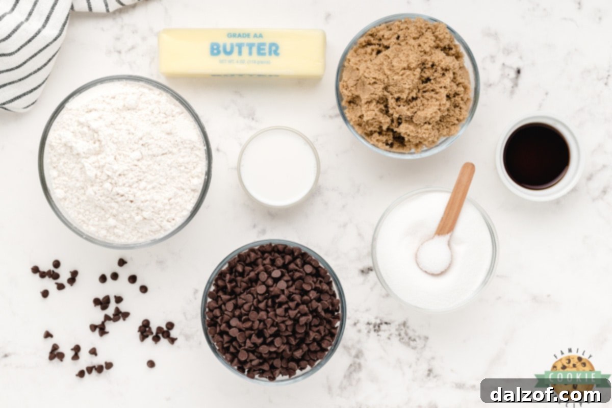 Individual ingredients laid out for making Edible Chocolate Chip Cookie Dough.