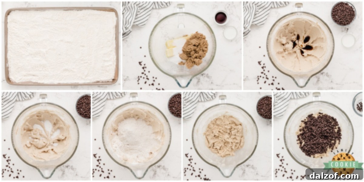 Step-by-step images showing the process of making edible chocolate chip cookie dough.