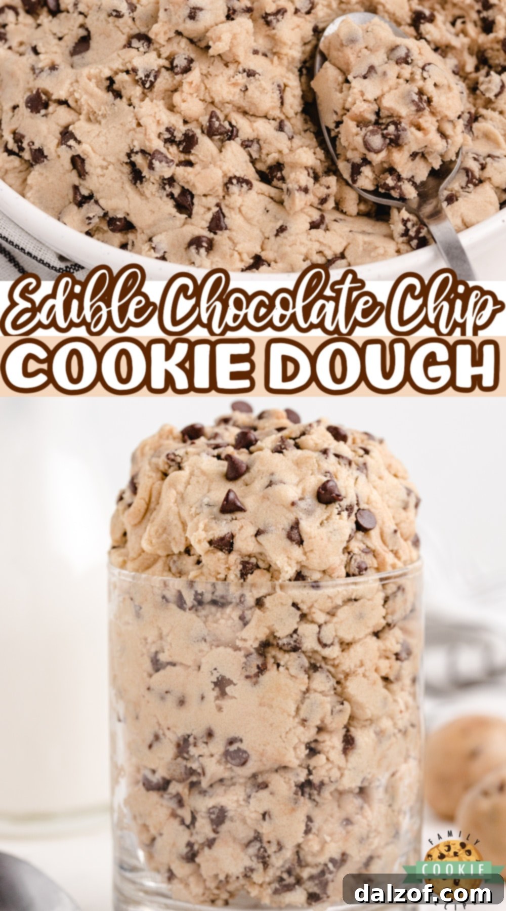 A large bowl of delicious, safe-to-eat Edible Chocolate Chip Cookie Dough, garnished with extra chocolate chips.