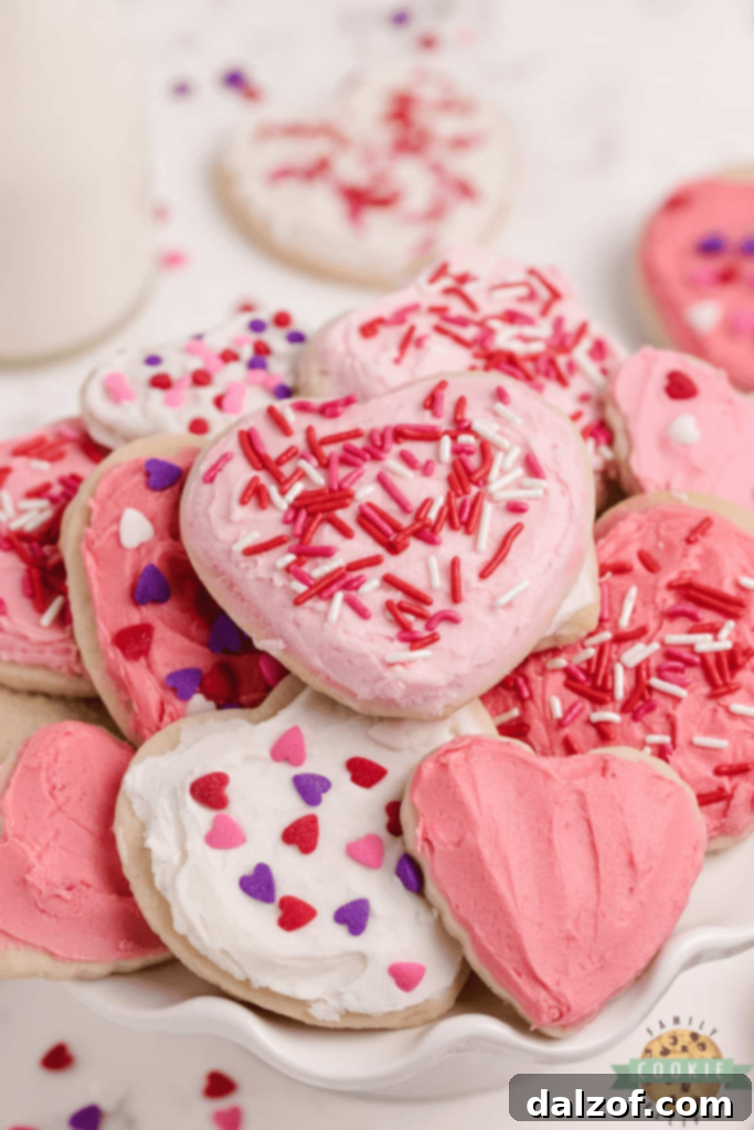 Heart-shaped Valentine's Day sugar cookies decorated with pink and red frosting.