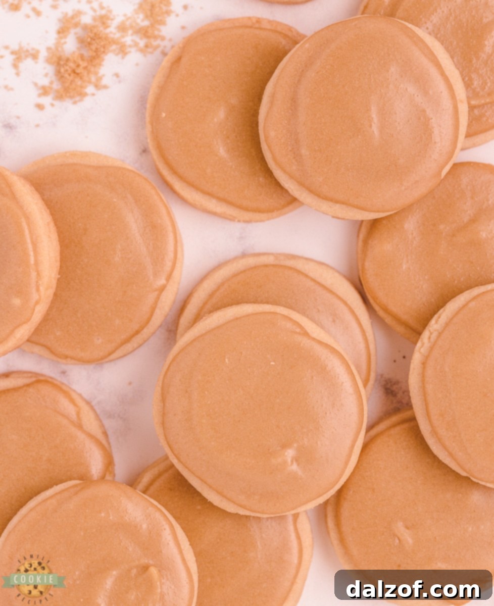 Round brown sugar cookies with a delicate icing drizzle.