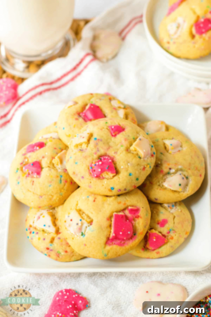 Colorful Circus Animal Sugar Cookies topped with sprinkles and animal crackers.