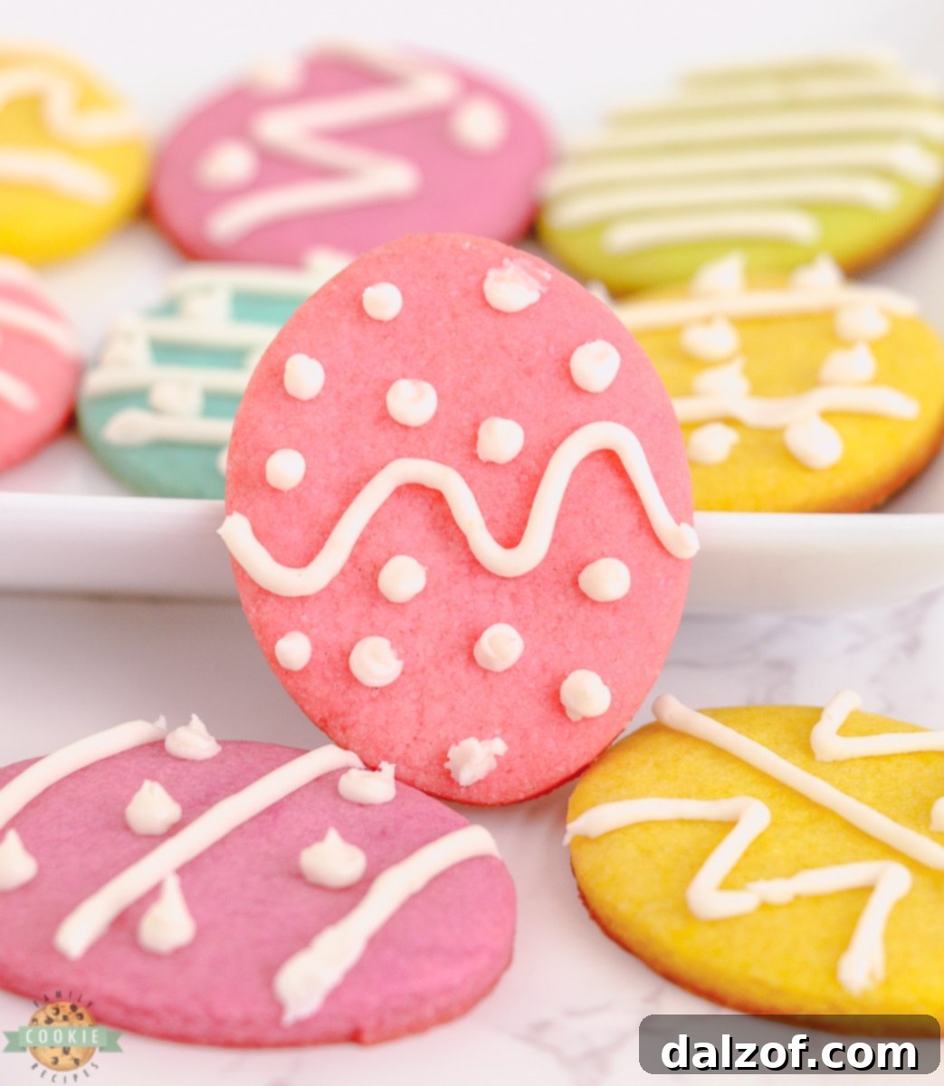 Festive Easter Egg Sugar Cookies decorated with pastel icing.