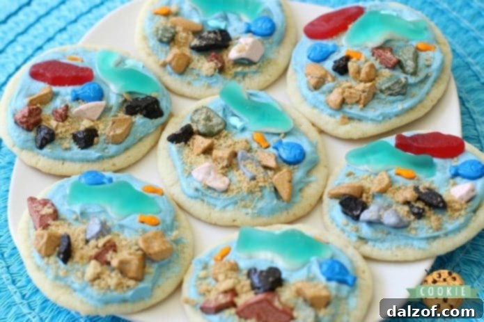 Under the Sea Cookies decorated with gummy candies and chocolate rocks.