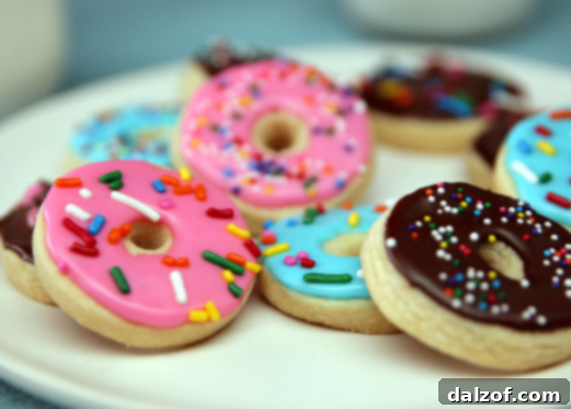 Donut Sugar Cookies decorated to look like mini donuts.