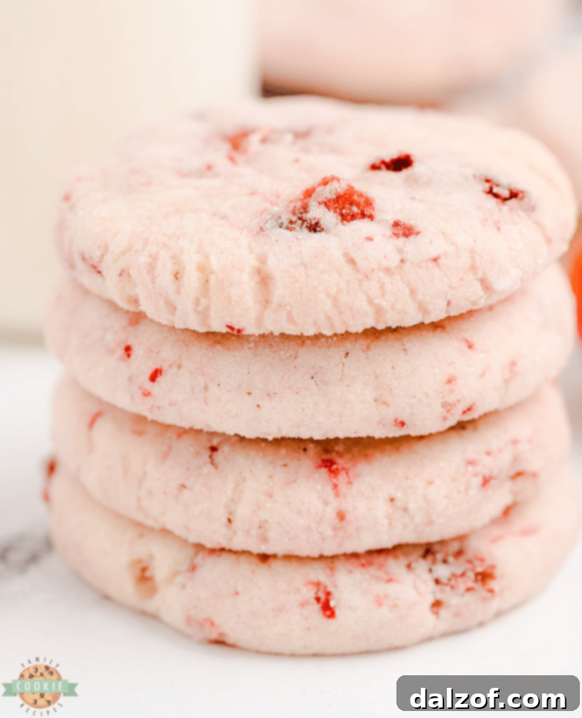 Close-up of strawberry cream cheese sugar cookies with a delicate pink hue.