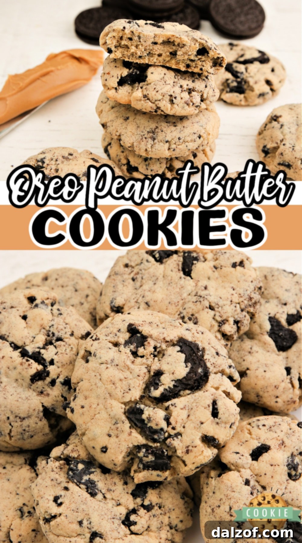 A stack of soft and chewy Oreo Peanut Butter Cookies with crushed Oreos on top.