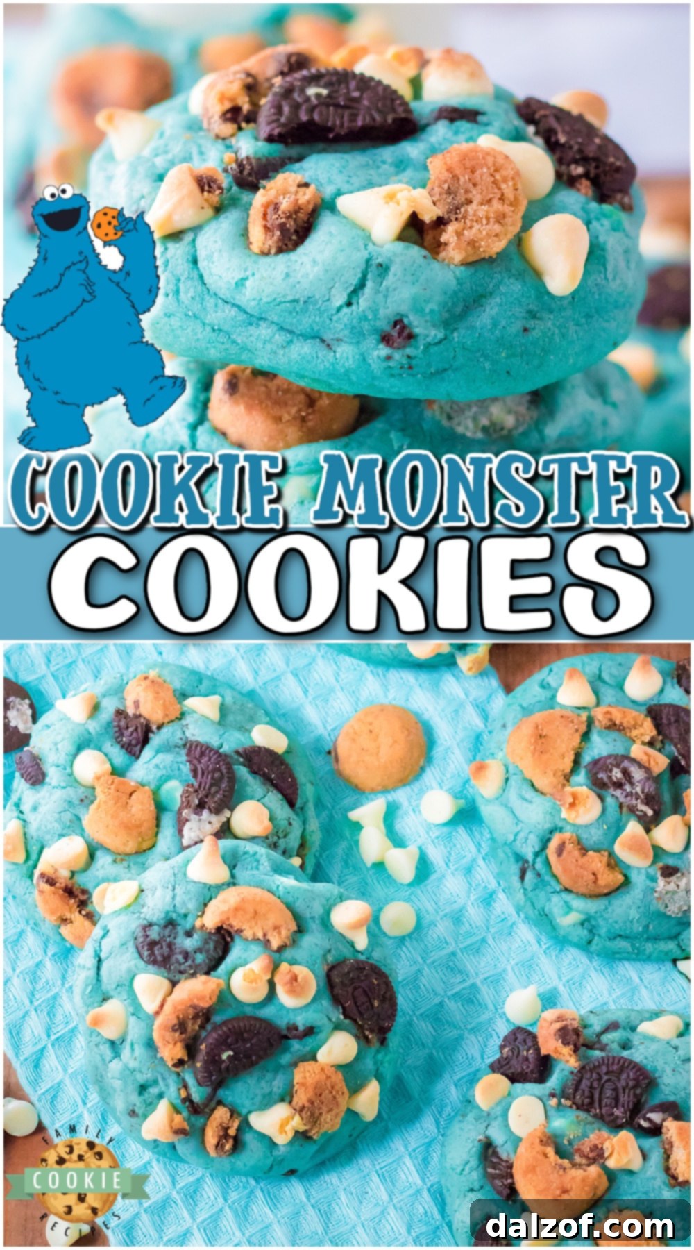 Cookie Monster Cookies are a fun, cute and OH SO delicious treat. Jumbo cookies made BLUE & studded with white chocolate chips, mini Oreos and mini chocolate chip cookies!