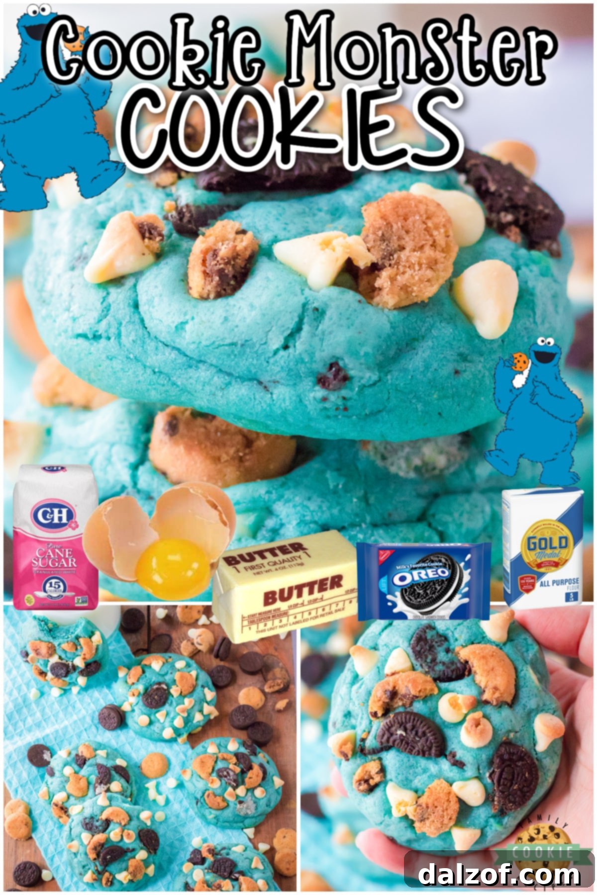 Cookie Monster Cookies are a fun, cute and OH SO delicious treat. Jumbo cookies made BLUE & studded with white chocolate chips, mini Oreos and mini chocolate chip cookies!