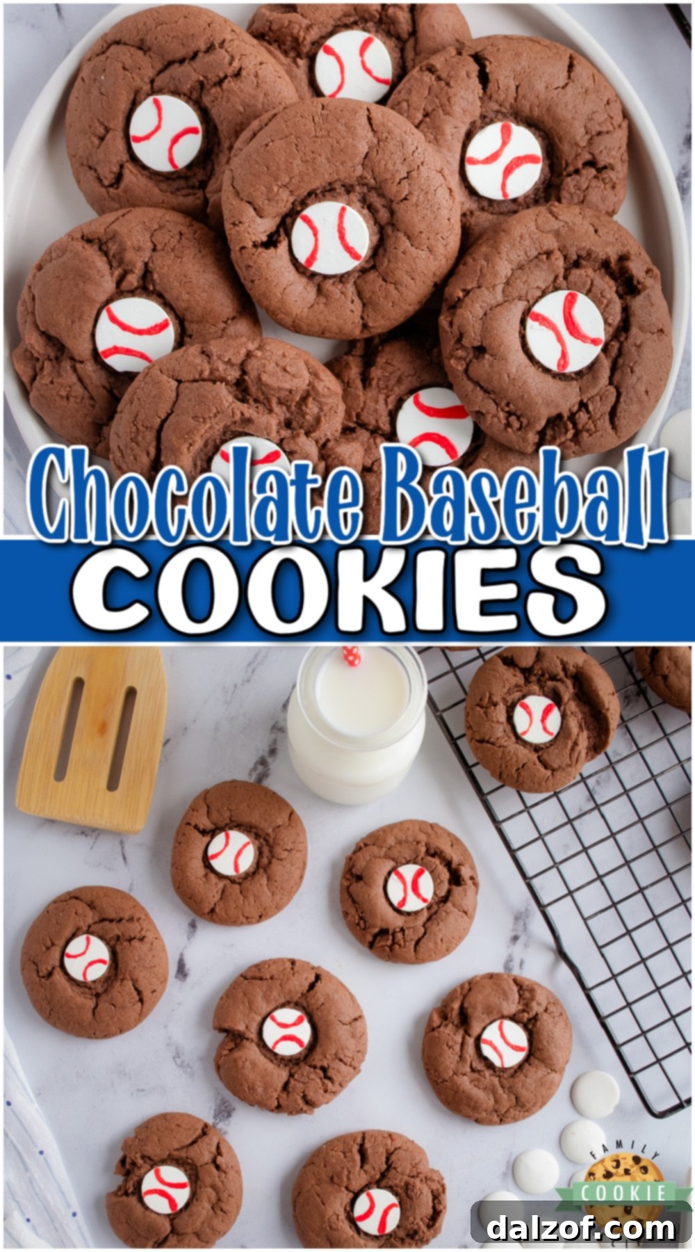 Chocolate Baseball Cookies are a fun & festive treat that's a big hit with any crowd. These baseball themed cookies are chocolate cookies with a candy center decorated to look like a baseball!