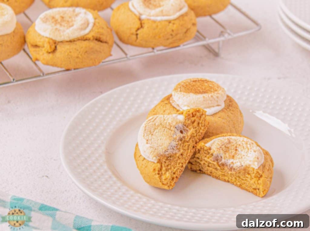 A sweet potato marshmallow cookie cut in half, revealing its soft interior and gooey marshmallow topping.
