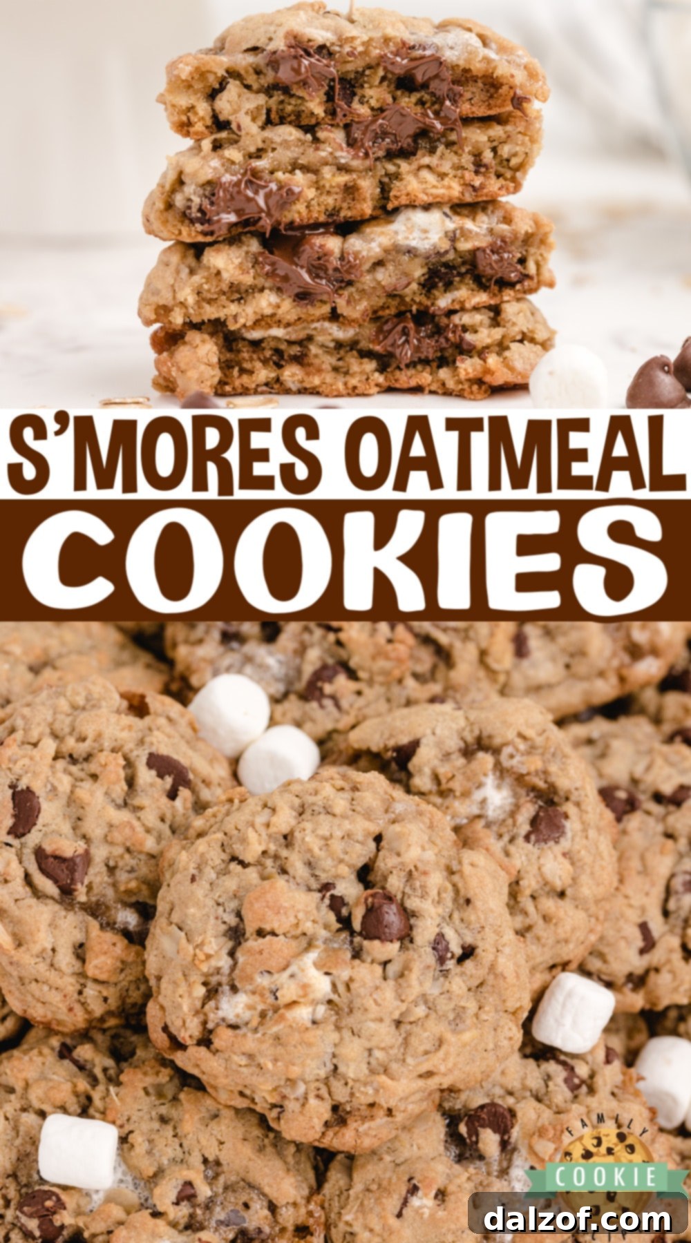S'mores Oatmeal Cookies are full of oats, chocolate chips and mini marshmallows. Soft, chewy oatmeal cookies that taste just like s'mores! 