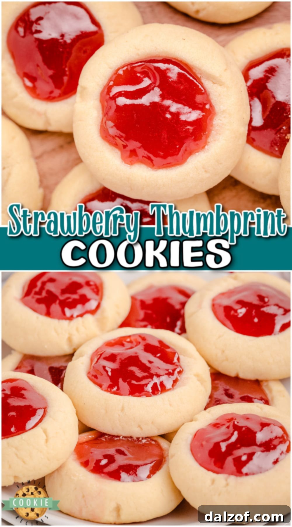 Strawberry Thumbprint Cookies are a soft, buttery melt-in-your-mouth cookie topped with sweet strawberry jam! Classic thumbprint cookies with jam are made easy with pantry ingredients & taste delicious!