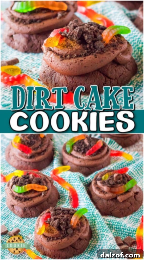 Dirt Cake Cookies are double chocolate cookies topped with Oreos, chocolate buttercream & gummy worms! Fun, chocolatey mud cookies perfect for Birthdays or anytime!