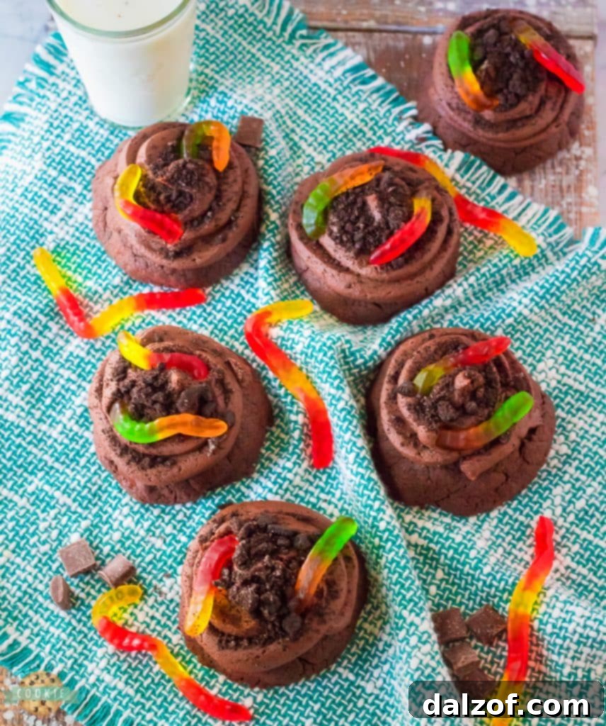 Fun chocolate cookies with Oreos and gummy worms