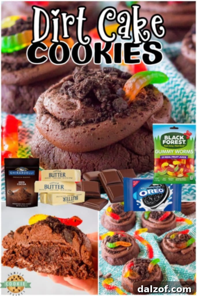 Dirt Cake Cookies topped with Oreos, chocolate buttercream & gummy worms for birthdays or any time