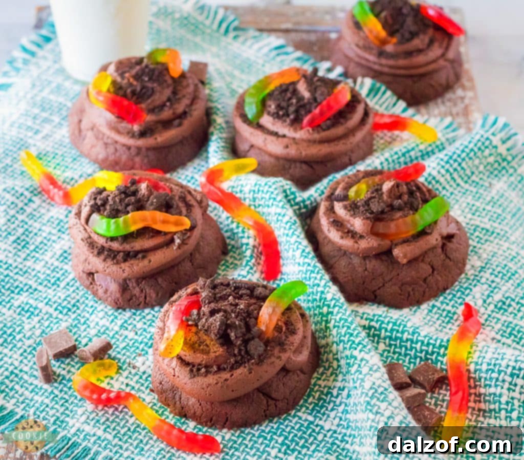 Chocolate brownie dirt cake cookies with gummy worms