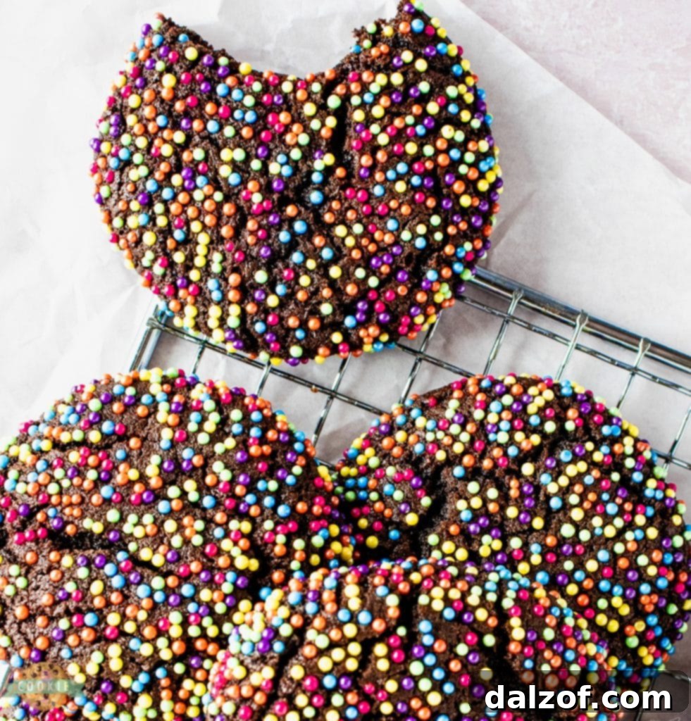 A perfectly baked chocolate sprinkle cookie with a bite taken out, showing its soft and chewy interior