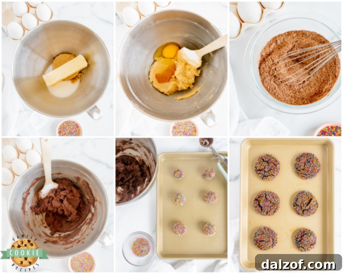 A visual guide showing essential ingredients for making chocolate sprinkle cookies, neatly laid out on a kitchen counter