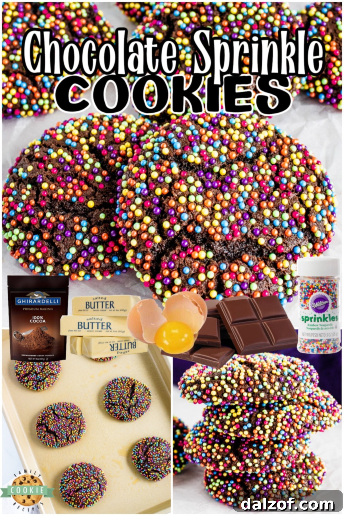 A collage showing the step-by-step process of making chocolate sprinkle cookies from ingredients to finished dough, ready for baking