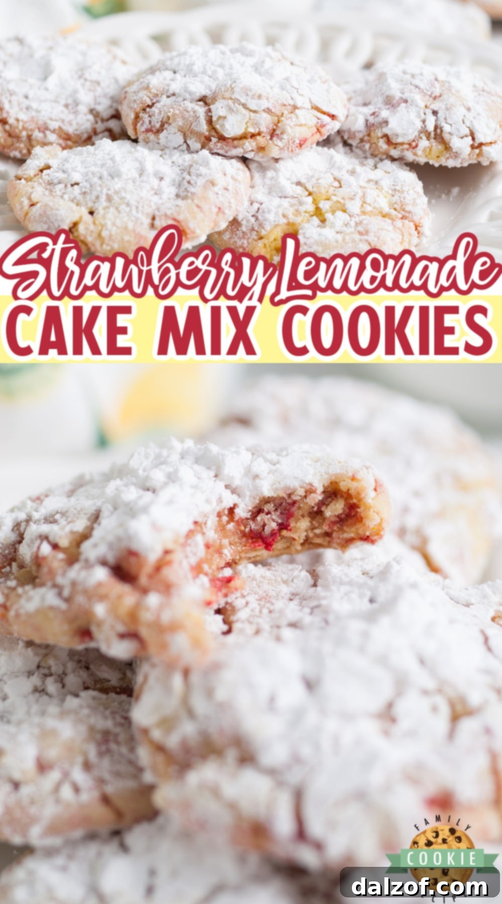 A rustic overhead shot of Strawberry Lemonade Cake Mix Crinkle Cookies arranged artfully on a wooden board, ready for serving.