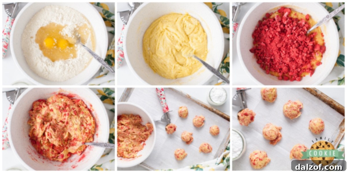 Step-by-step imagery showing the process of making Strawberry Lemonade Cake Mix Cookies, from mixing ingredients to rolling in powdered sugar.
