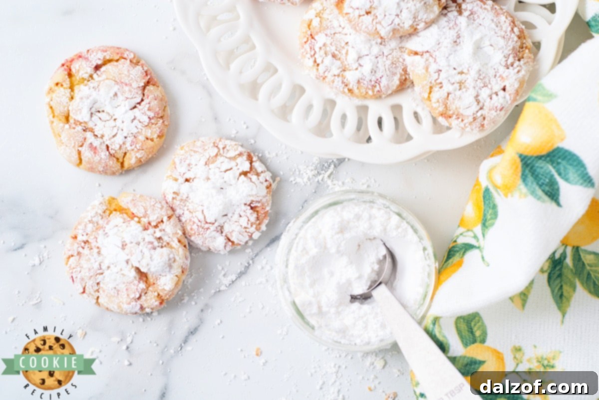 A bright and inviting display of Strawberry Lemonade Cake Mix Crinkle Cookies, highlighting their delicious and refreshing appeal.