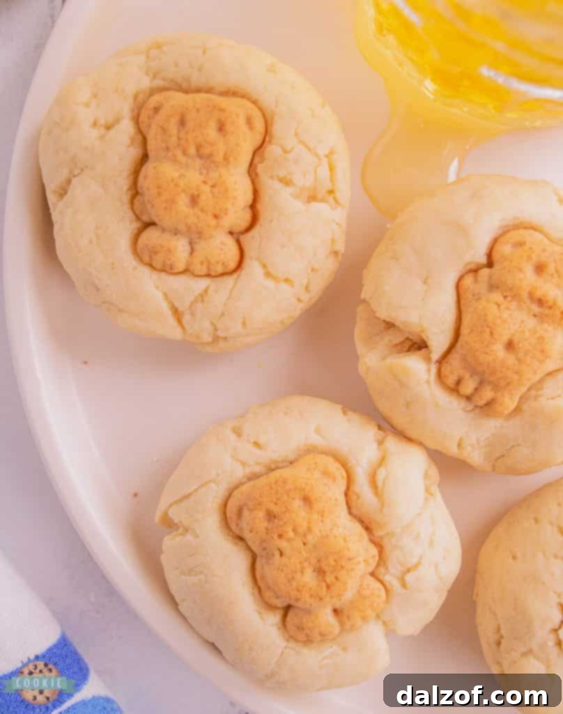 Close-up of baked honey butter cookies with teddy graham topping
