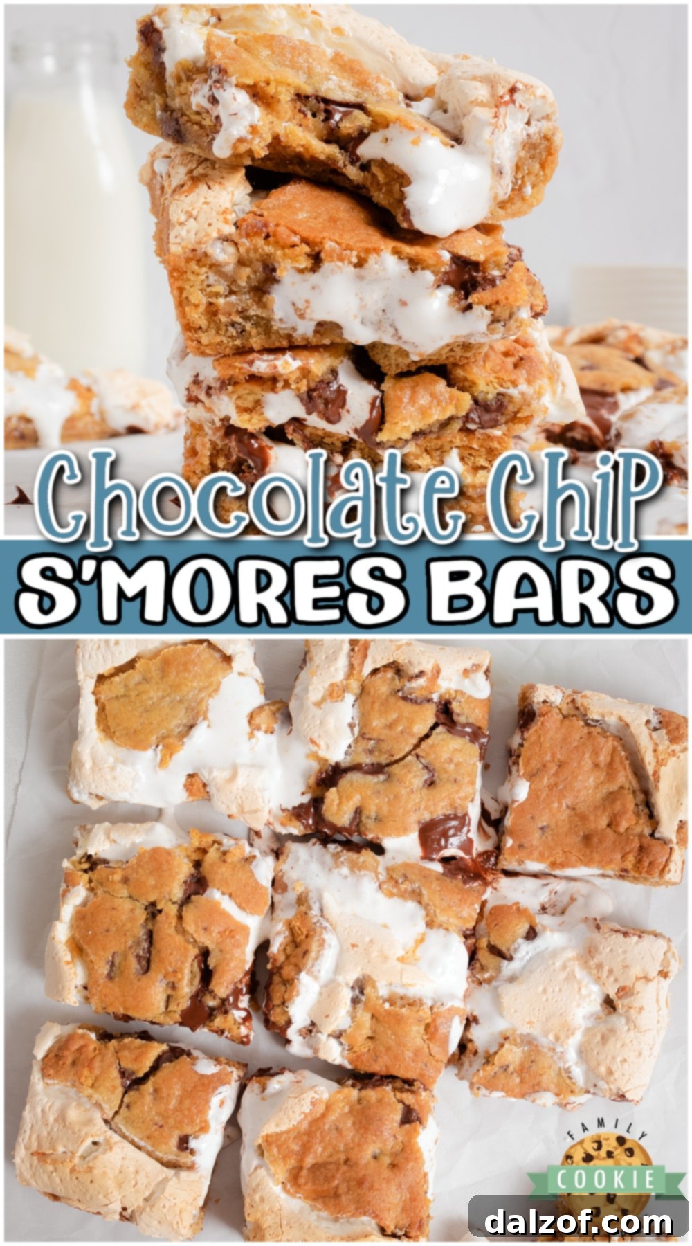 Smores Cookie Bars with chocolate chunks, graham cracker & marshmallow for a fun twist on a classic! Chocolate Chip cookies + s'mores in a delicious dessert bar everyone loves! 