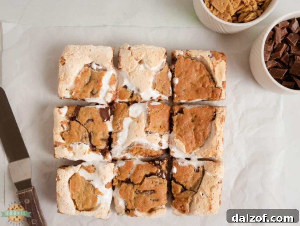 chocolate chip smores bars cut into 9 squares