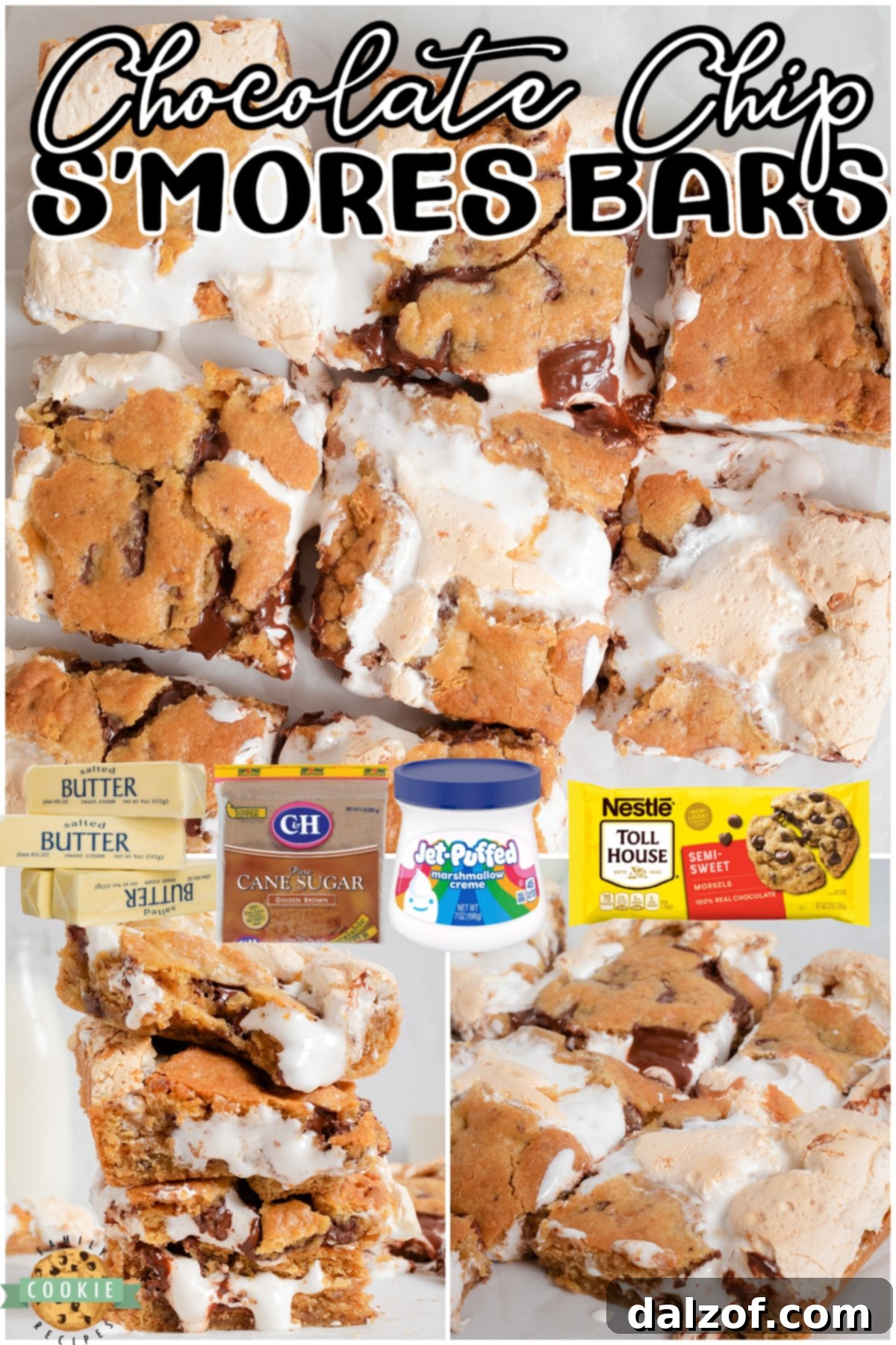 Smores Cookie Bars with chocolate chunks, graham cracker & marshmallow for a fun twist on a classic! Chocolate Chip cookies + s'mores in a delicious dessert bar everyone loves! 