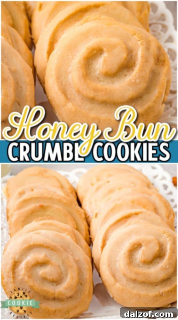 Honey Bun Cookies look just like a honey bun and are topped with a delicious honey butter glaze. Honey bun Crumbl cookie recipe has an incredible warm buttery cinnamon flavor everyone loves!