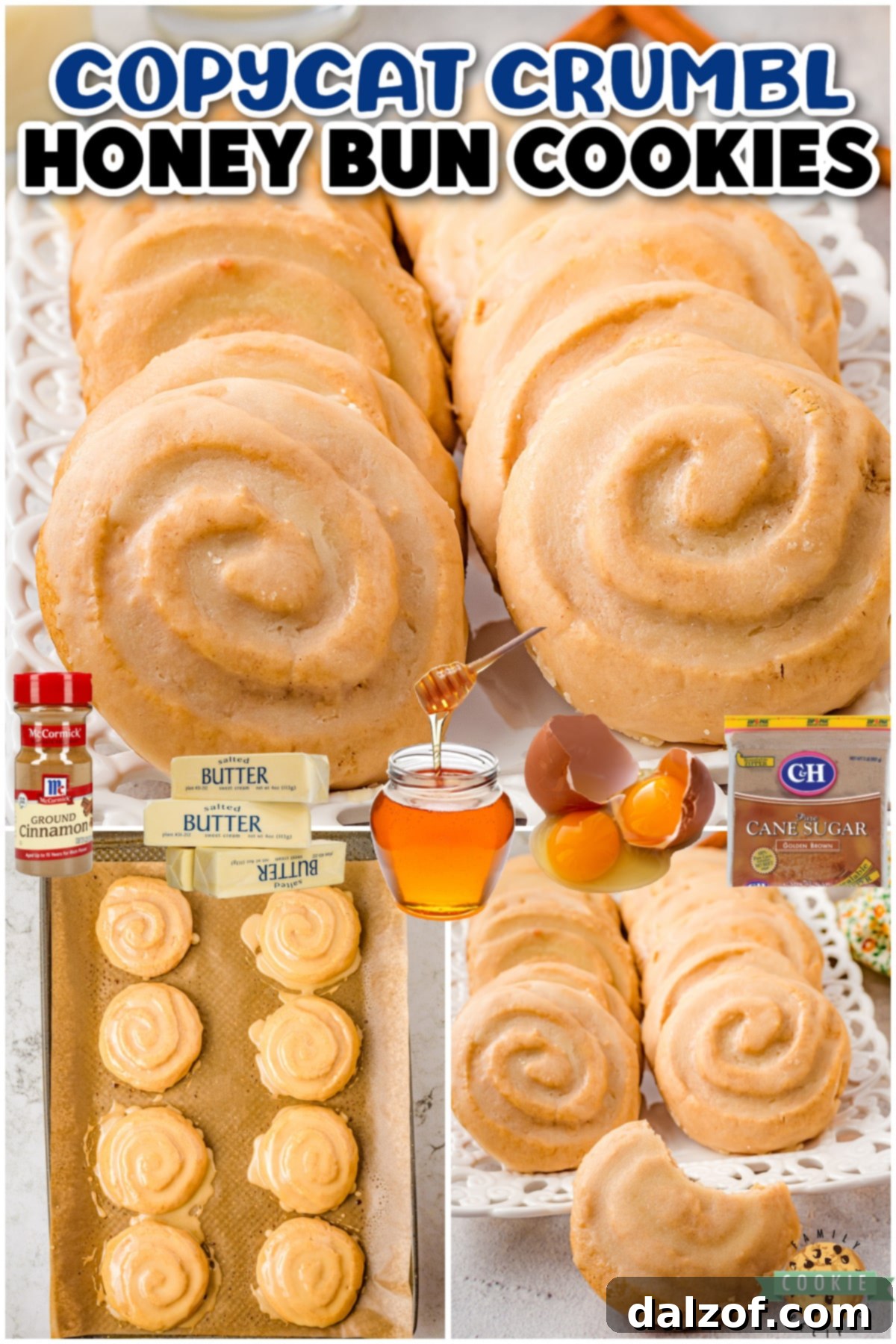Honey Bun Cookies look just like a honey bun and are topped with a delicious honey butter glaze. Honey bun Crumbl cookie recipe has an incredible warm buttery cinnamon flavor everyone loves!