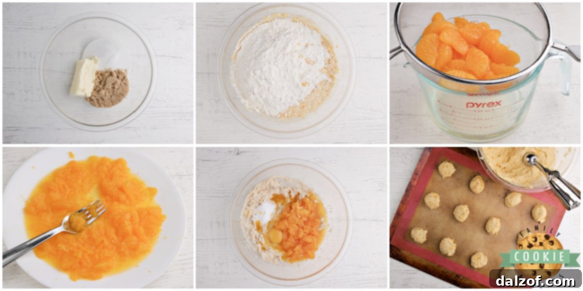Step-by-step instructions for preparing Glazed Mandarin Orange Cookies, showing the dough being mixed.