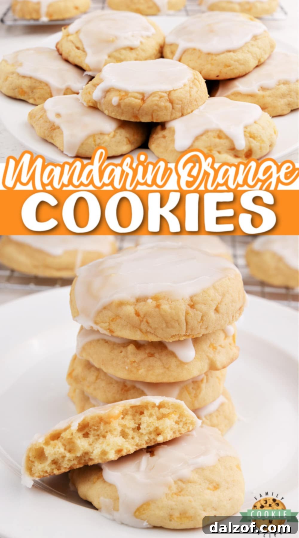 Glazed Mandarin Orange Cookies, a simple cookie recipe with abundant orange flavor, made with canned mandarin oranges and a simple orange glaze, presented on a white serving tray.