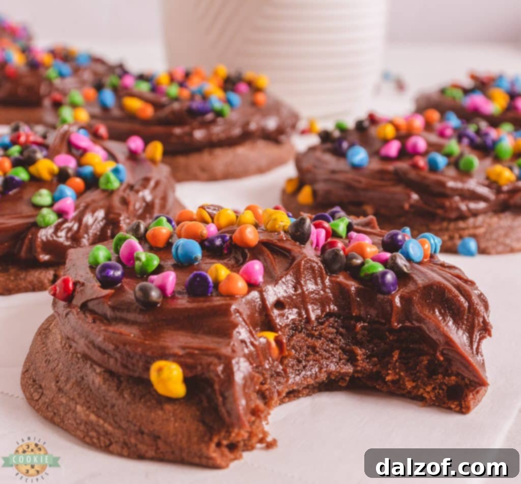 Thick fudgy Cosmic Brownie Cookie with a bite showing its rich chocolate interior