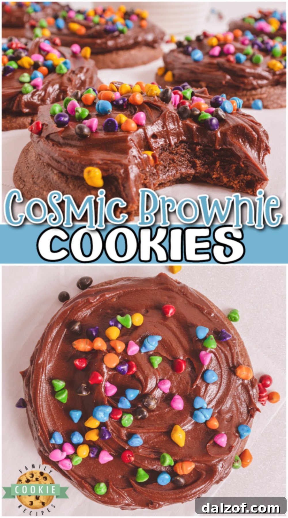 Cosmic Brownie Cookies are fudgy cookies covered in chocolate ganache & topped with fun rainbow sprinkles! Cookies perfect for Cosmic Brownie lovers! 