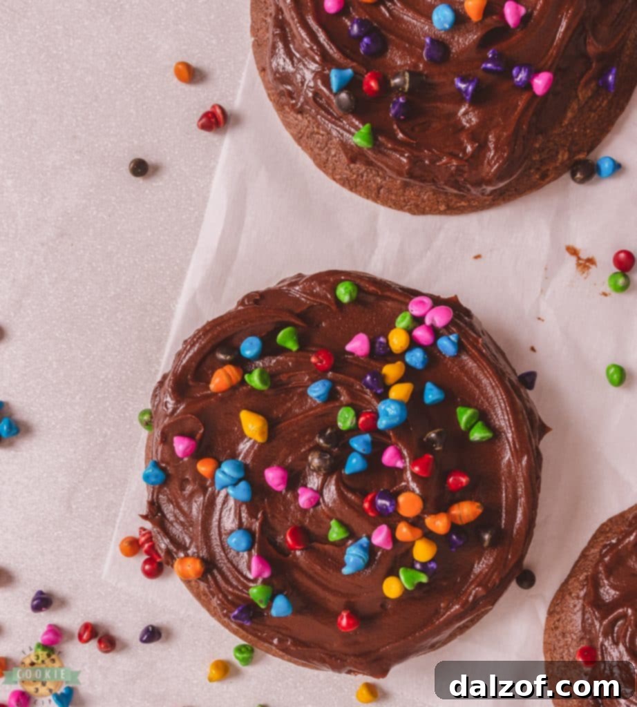 Single cosmic brownie cookie with ganache and sprinkles