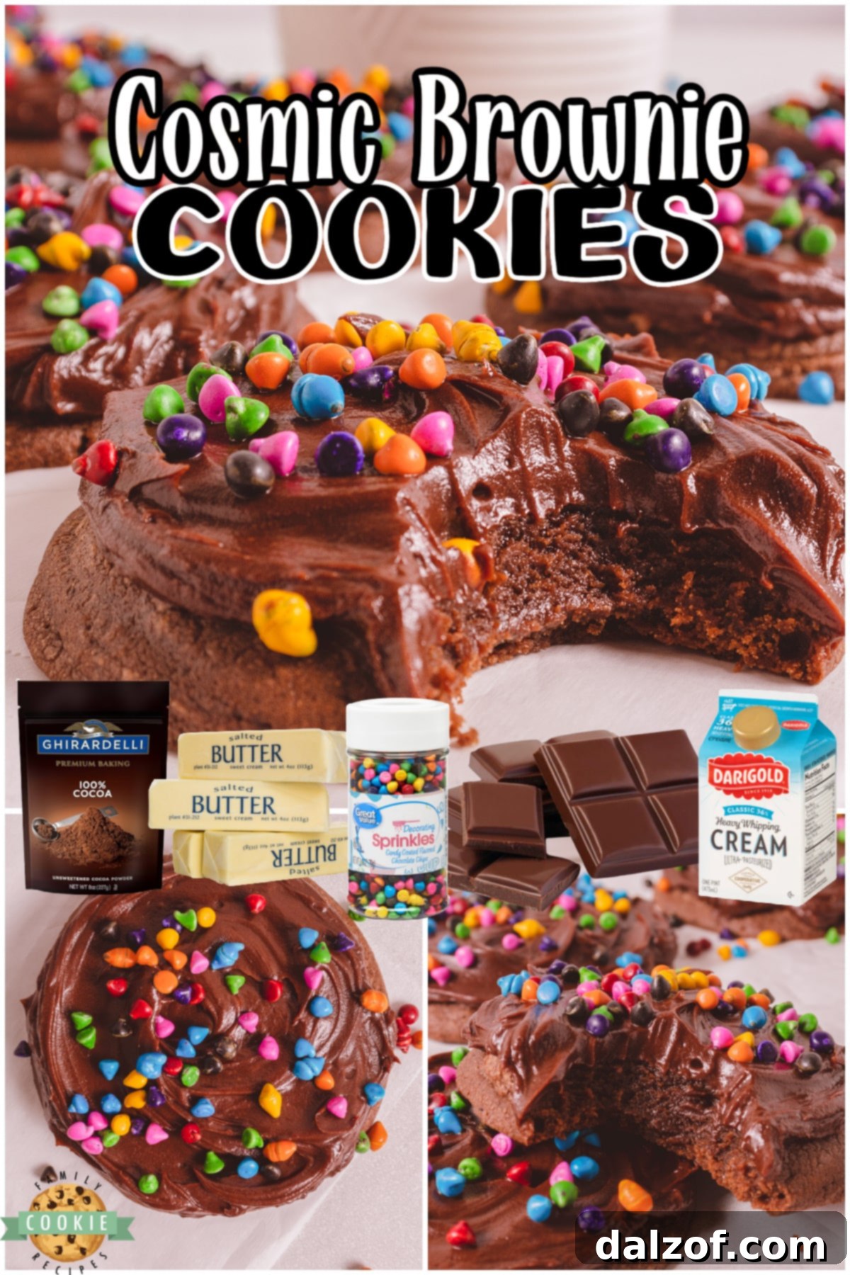 Cosmic Brownie Cookies are fudgy cookies covered in chocolate ganache & topped with fun rainbow sprinkles! Cookies perfect for Cosmic Brownie lovers! 