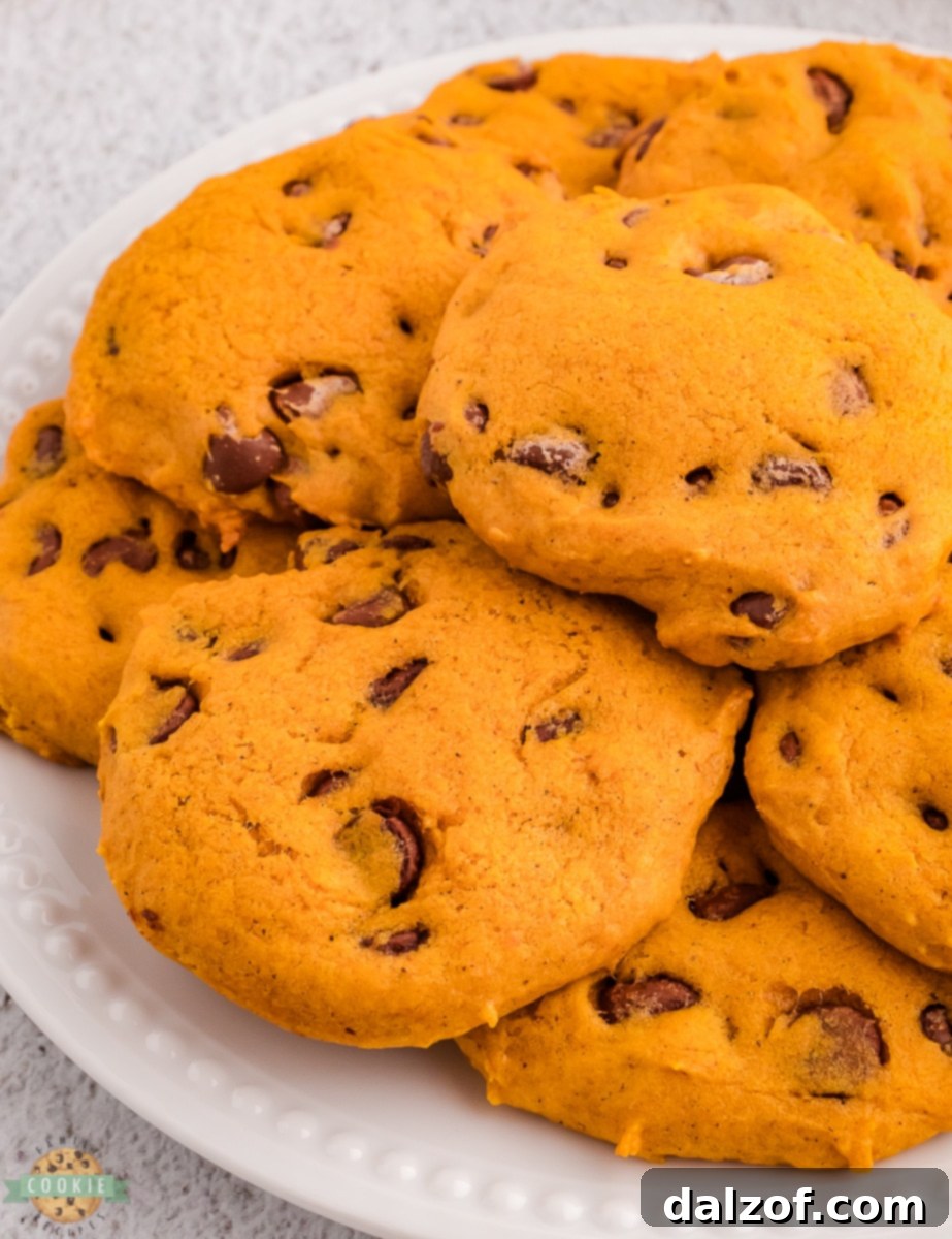 A plate overflowing with golden-brown pumpkin chocolate chip cookies, garnished with a sprinkle of cinnamon, ready to be enjoyed.