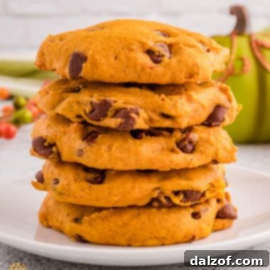 A stack of perfectly round, soft pumpkin cookies with visible chocolate chips, highlighting their appealing texture.