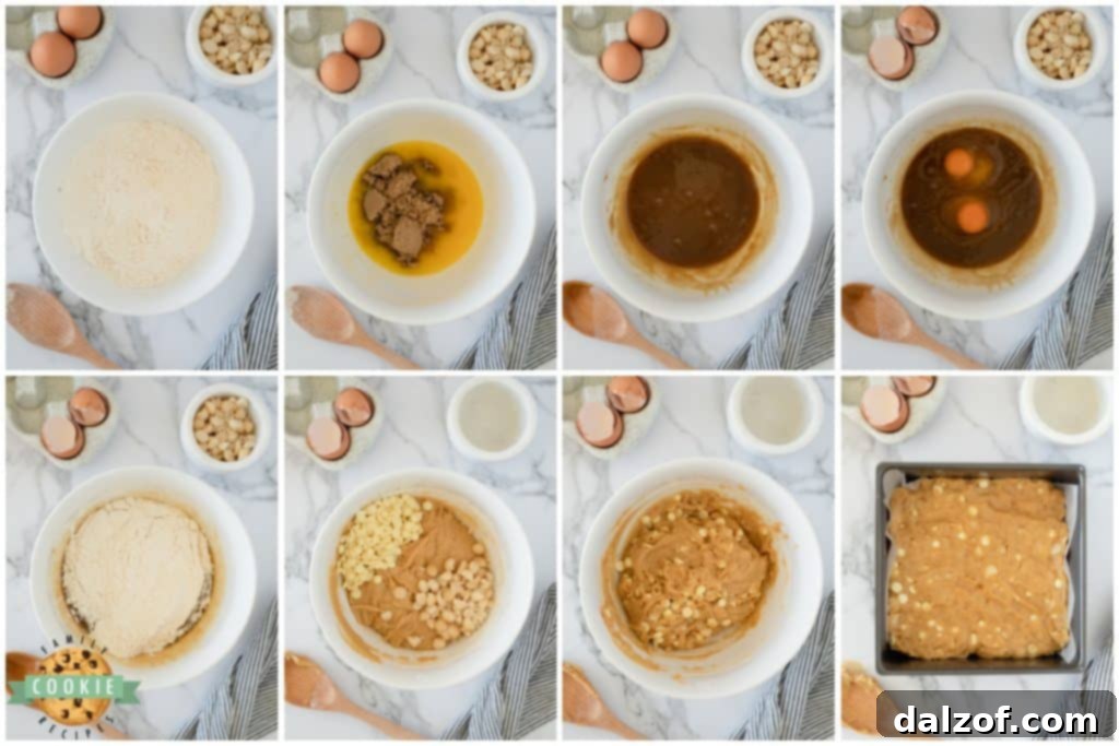Step by step instructions on how to make White Chocolate Macadamia Cookie Bars