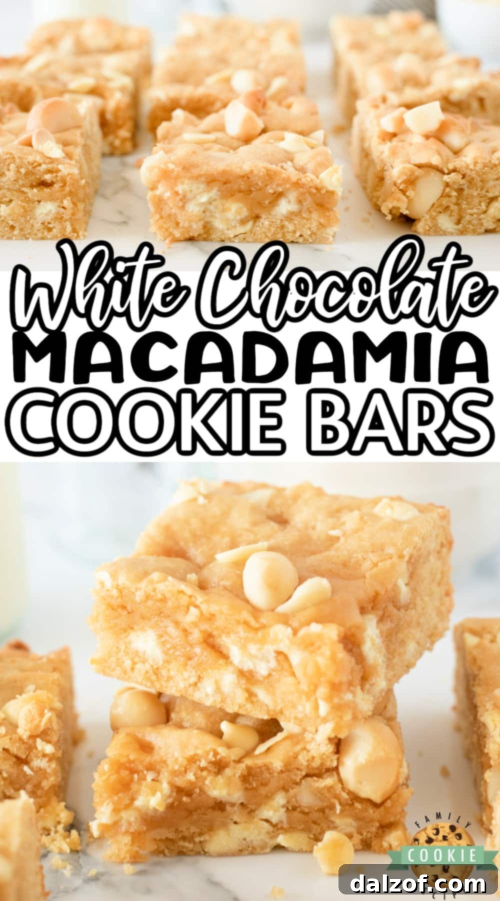 White Chocolate Macadamia Cookie Bars are thick, soft and absolutely delicious. Simple cookie bar recipe packed with white chocolate chips and macadamia nuts. 