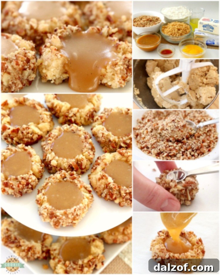 Caramel Thumbprint Cookies are a classic shortbread cookie rolled in pecans, baked & filled with warm caramel. Buttery Christmas cookies that everyone loves seeing at holiday cookie exchanges!