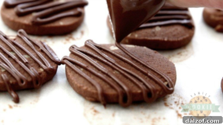 A close-up of a plate of Chocolate Pecan Shortbread Cookies, showcasing their rich chocolate color, visible pecan pieces, and elegant chocolate drizzle, making them ideal for holiday celebrations.