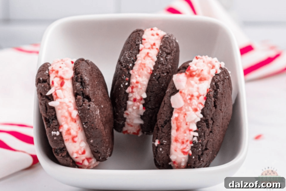 Delectable Peppermint Chocolate Sandwich Cookies with a creamy, minty filling.