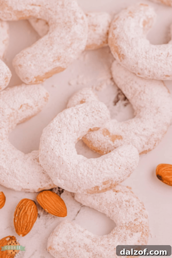 Elegant Almond Cinnamon Crescent Cookies, dusted with powdered sugar and ready to enjoy.