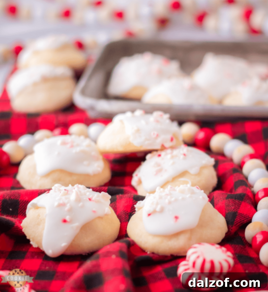 Delicate Peppermint Meltaways, featuring a soft texture, simple icing, and crushed peppermint topping.